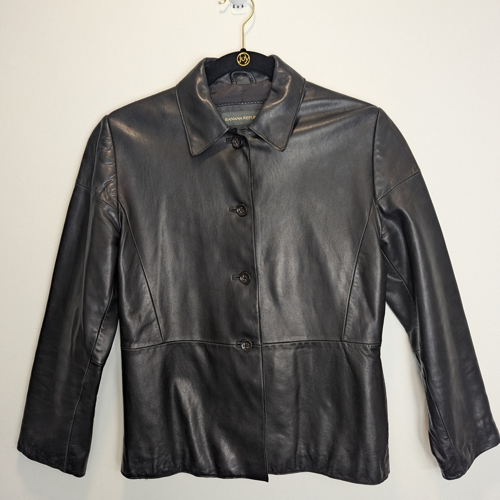 Vintage Banana Republic Women's Black Leather Jacket XS Y2K Soft Minimal Chic